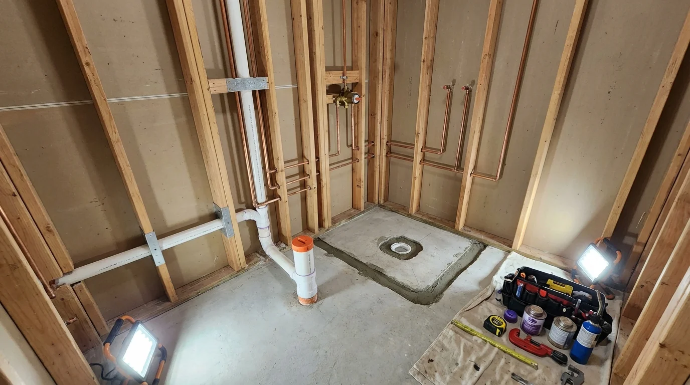 Bathroom rough-in plumbing during remodel by Johns Plumbing LLC in State Line