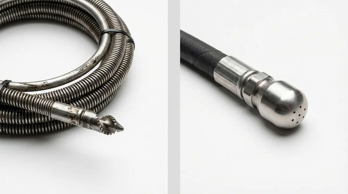 Drain snake cable and hydro jetting nozzle used for drain cleaning in State Line, PA