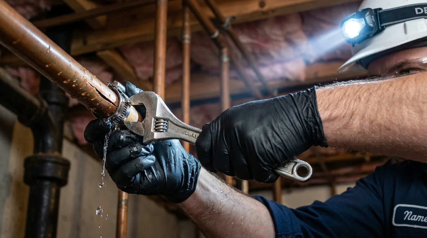 Emergency pipe clamp repair being performed by a Johns Plumbing LLC plumber in State Line