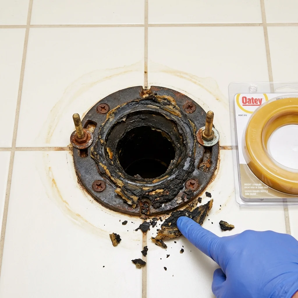 Failed wax ring showing water seepage at the base of a toilet in a State Line, PA home