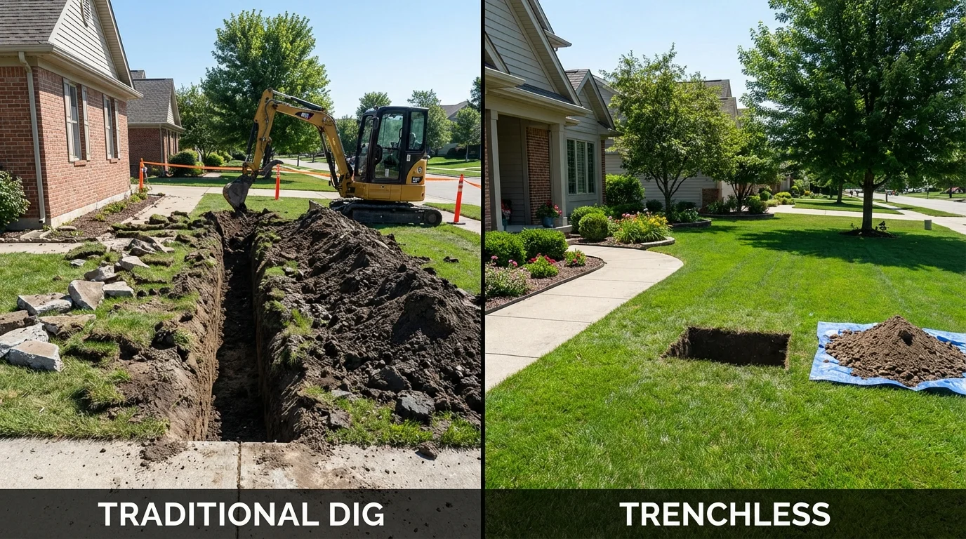 Trenchless sewer repair with minimal yard damage versus traditional excavation in State Line, PA