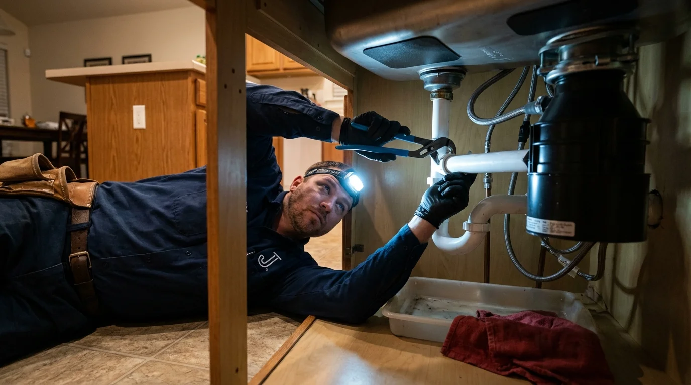 P-trap and supply line connections under a kitchen sink showing a common leak point in State Line, PA